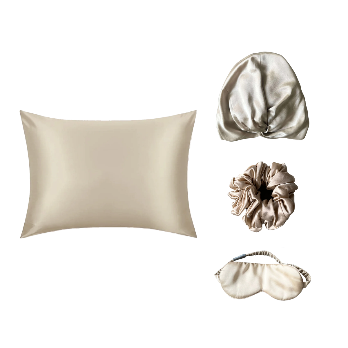The Silk Rituals Overnight Bundle in Champagne: silk pillowcase, hair bonnet, eye mask and classic scrunchie