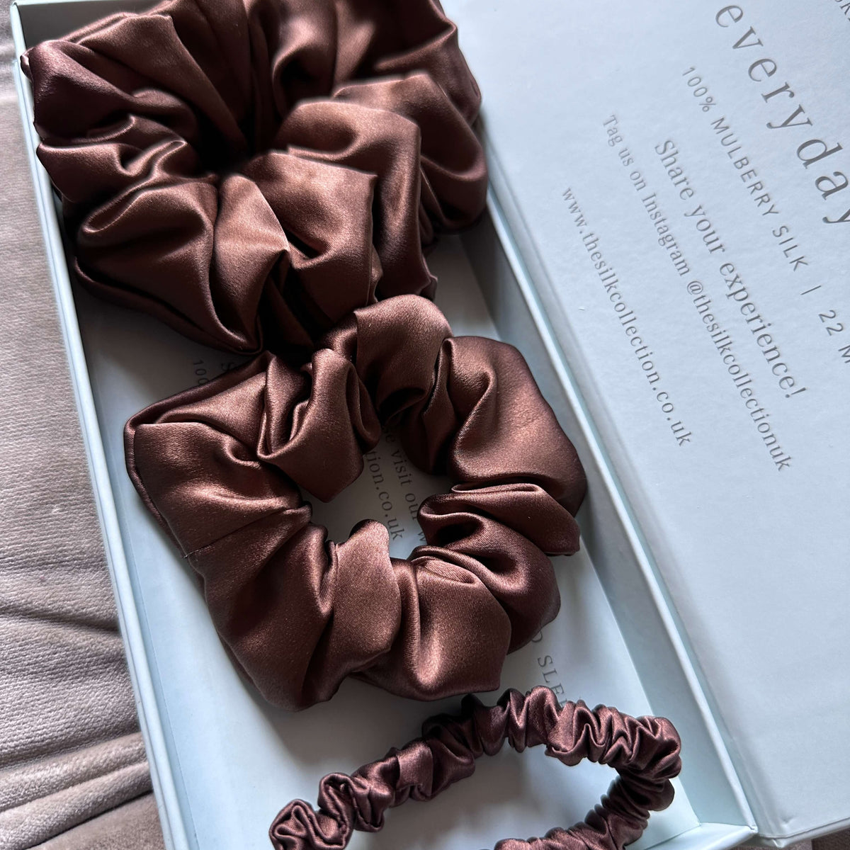 Chocolate brown silk scrunchie starter set in its gift box: classic silk scrunchies and silk hair ties