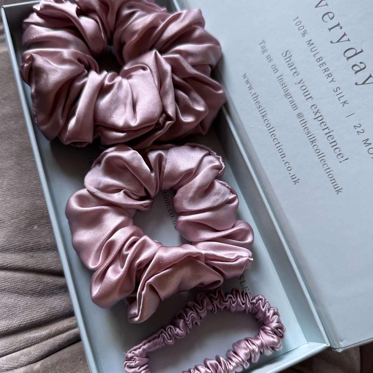 Blush pink silk scrunchie starter set in its gift box: classic silk scrunchies and silk hair ties