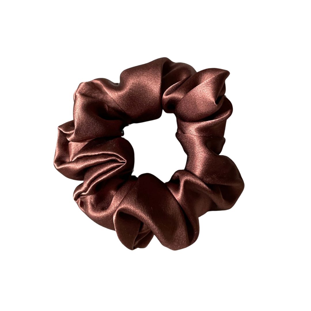 Chocolate brown classic silk scrunchie in 100% mulberry silk