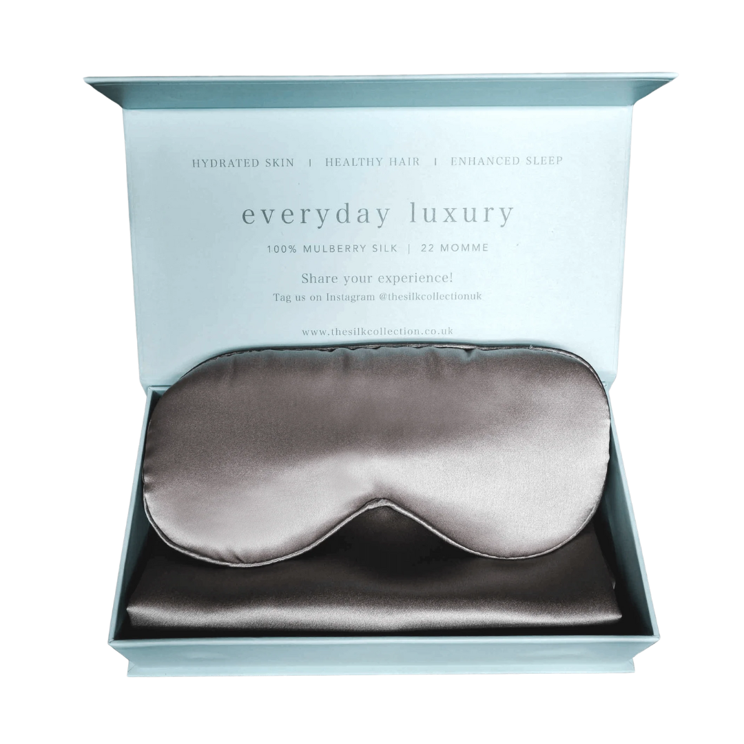 Charcoal grey pure silk sleep set: 100% mulberry silk pillowcase and silk eye mask in a gift box