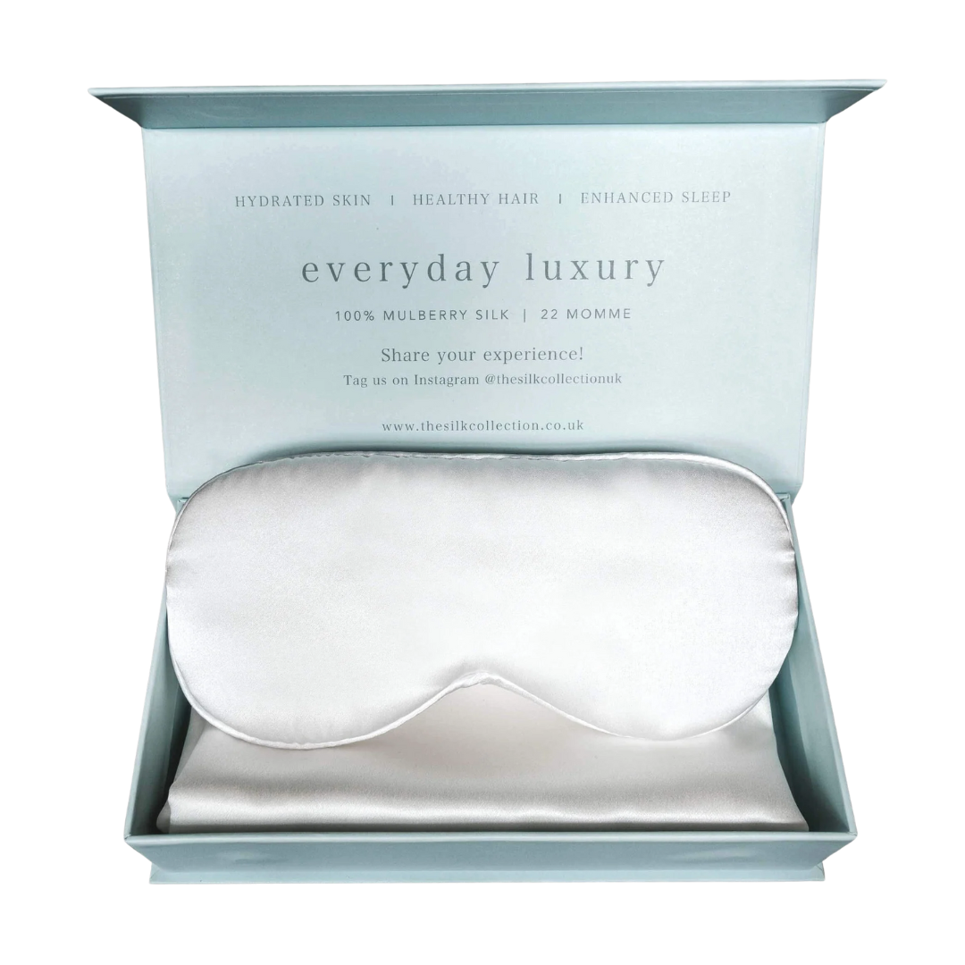 Pearl white pure silk sleep set: 100% mulberry silk pillowcase and silk eye mask in a gift box