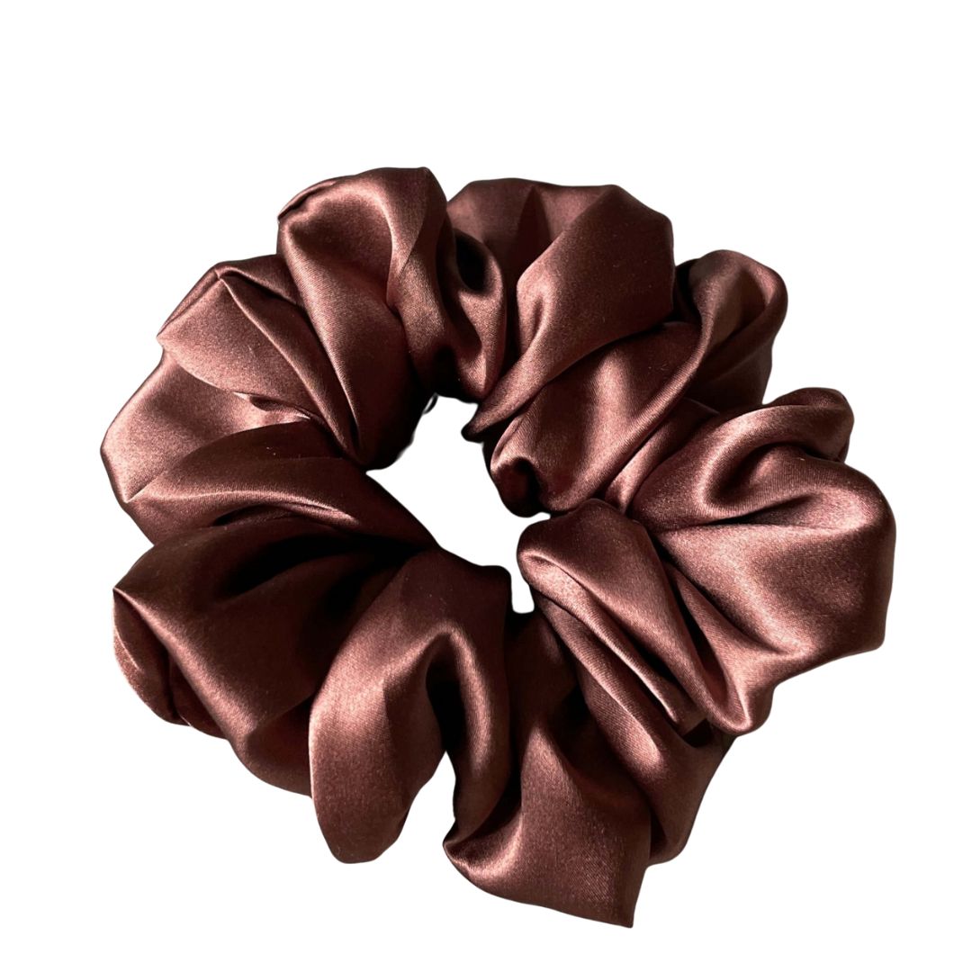 Chocolate brown statement silk scrunchie, an oversized 100% mulberry silk scrunchie