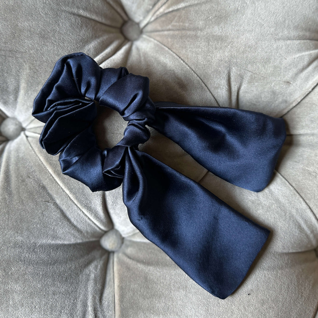 Dark Blue Silk hair scrunchie with ties