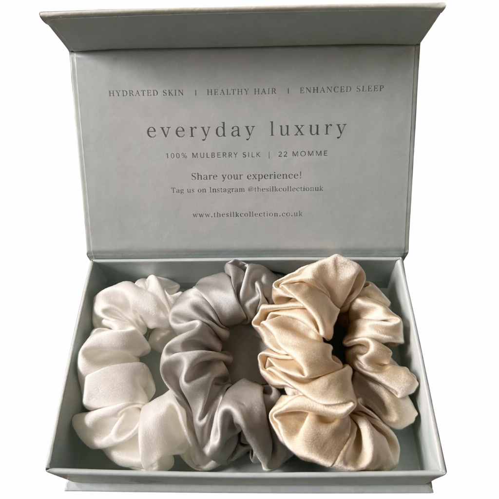 Classic silk scrunchies set of three in Neutrals: pearl white, oyster and champagne 100% mulberry silk scrunchies in a gift box