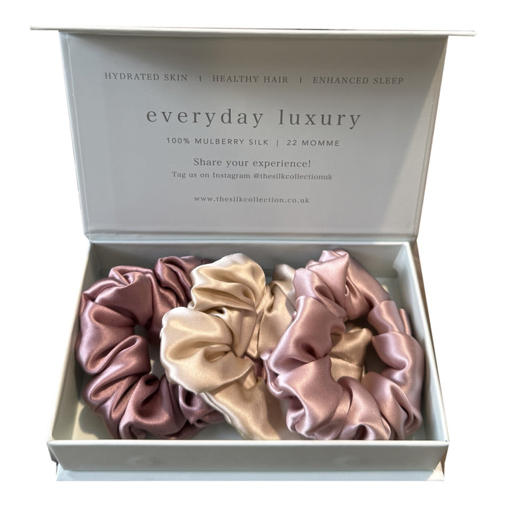Classic silk scrunchies set of three in the Pink Collection, in gift box