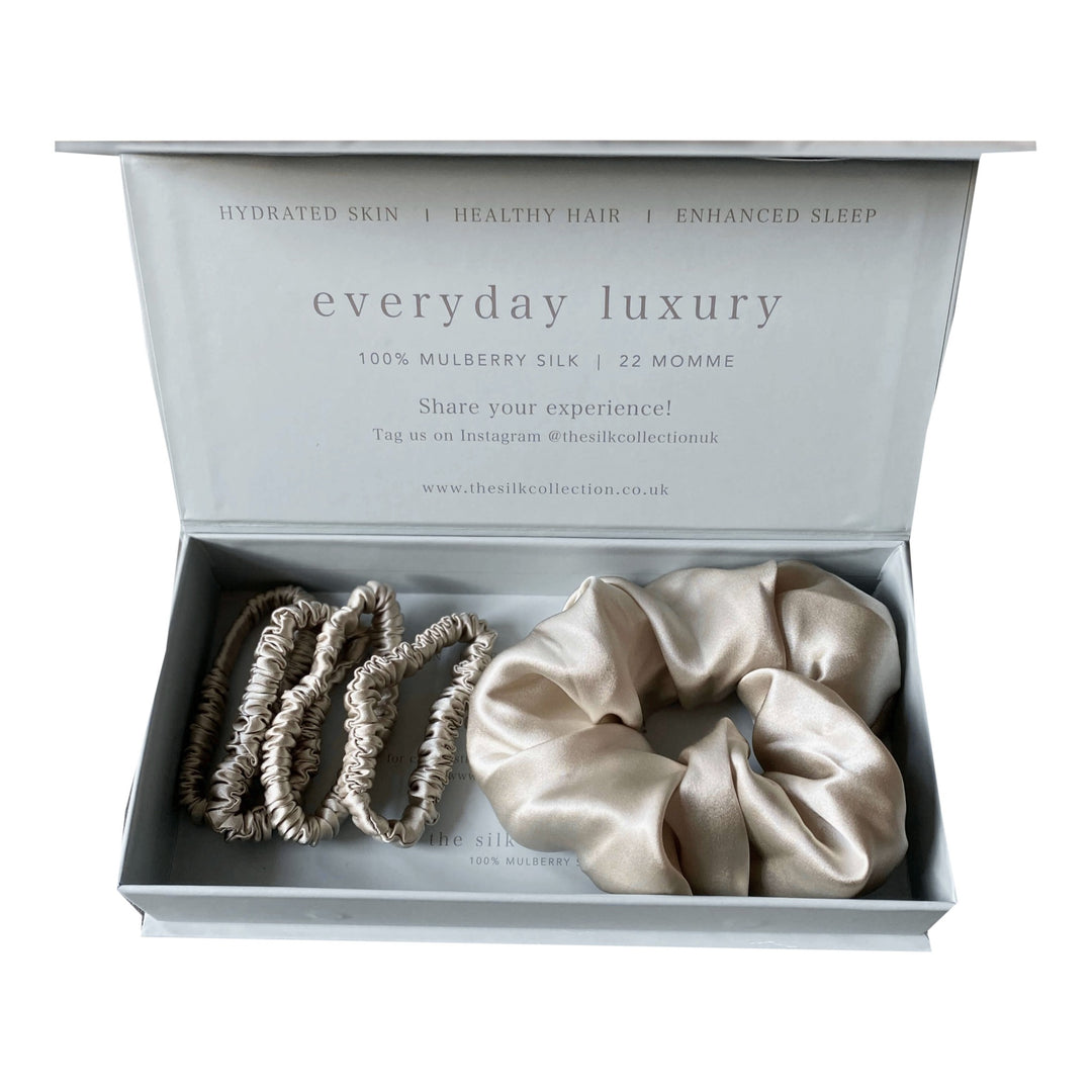 Mixed silk scrunchie gift set in Champagne: one oversized and four skinny mulberry silk scrunchies in a gift box | The Silk Collection