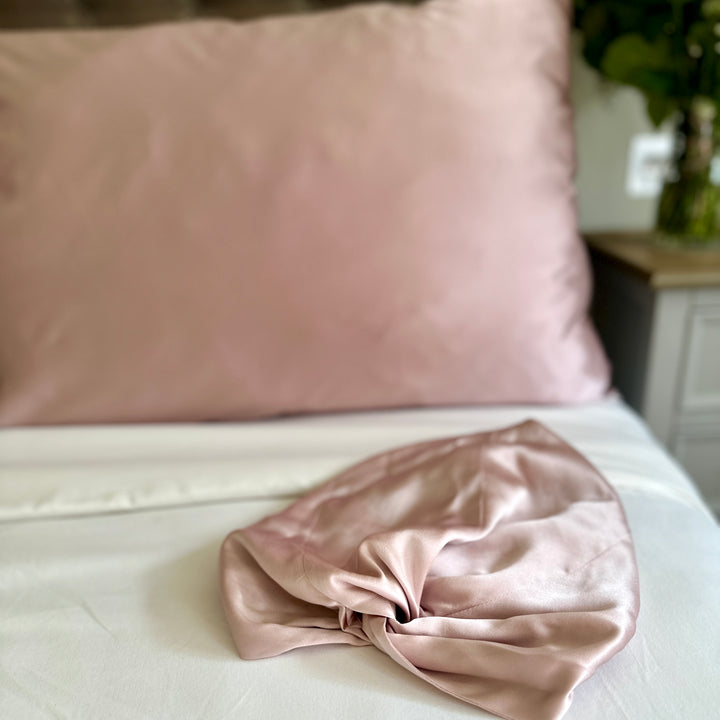Pink silk hair wrap and pink silk pillowcase