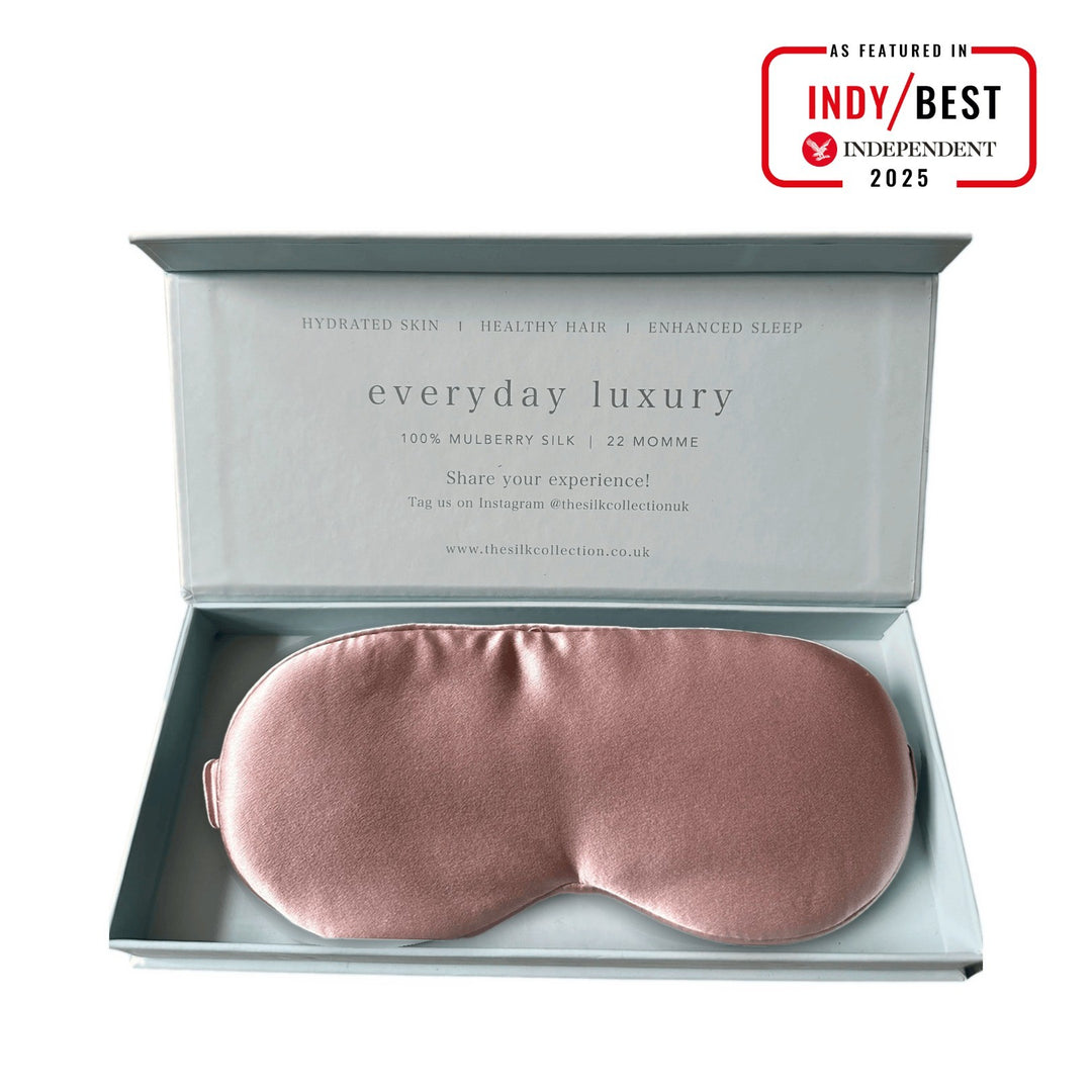 Blush Pink pure mulberry silk eye mask in its gift box, 22 momme 100% silk | The Silk Collection