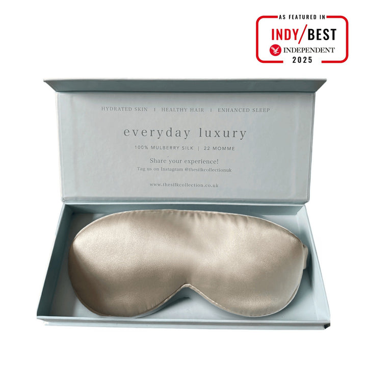 Champagne pure mulberry silk eye mask in its gift box, 22 momme 100% silk | The Silk Collection