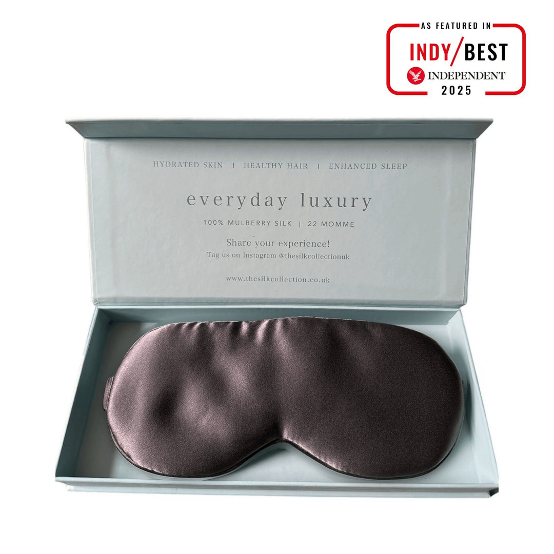 Charcoal Grey pure mulberry silk eye mask in its gift box, 22 momme 100% silk | The Silk Collection