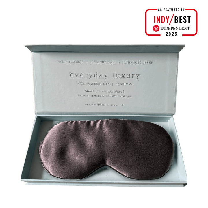 Charcoal Grey pure mulberry silk eye mask in its gift box, 22 momme 100% silk | The Silk Collection