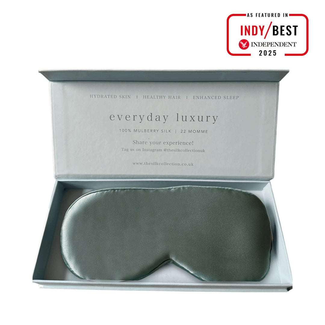 Duck Egg Blue pure mulberry silk eye mask in its gift box, 22 momme 100% silk | The Silk Collection