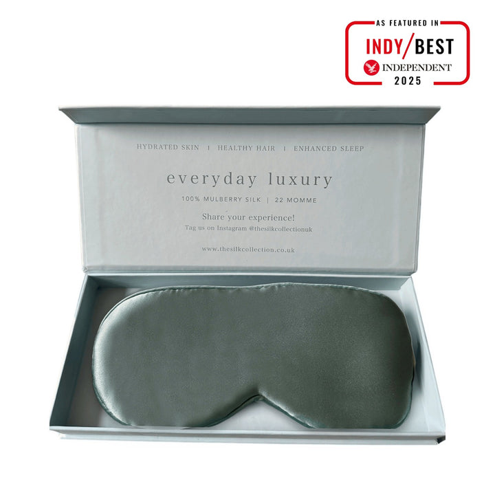 Duck Egg Blue pure mulberry silk eye mask in its gift box, 22 momme 100% silk | The Silk Collection