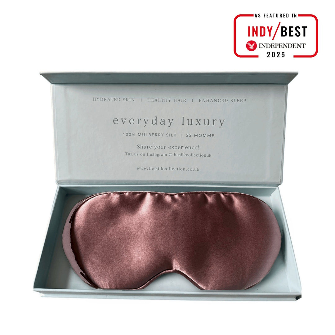 Dusty Rose pure mulberry silk eye mask in its gift box, 22 momme 100% silk | The Silk Collection