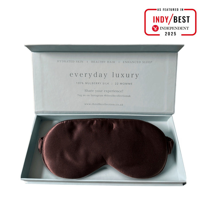 Espresso limited edition pure mulberry silk eye mask in its gift box | The Silk Collection