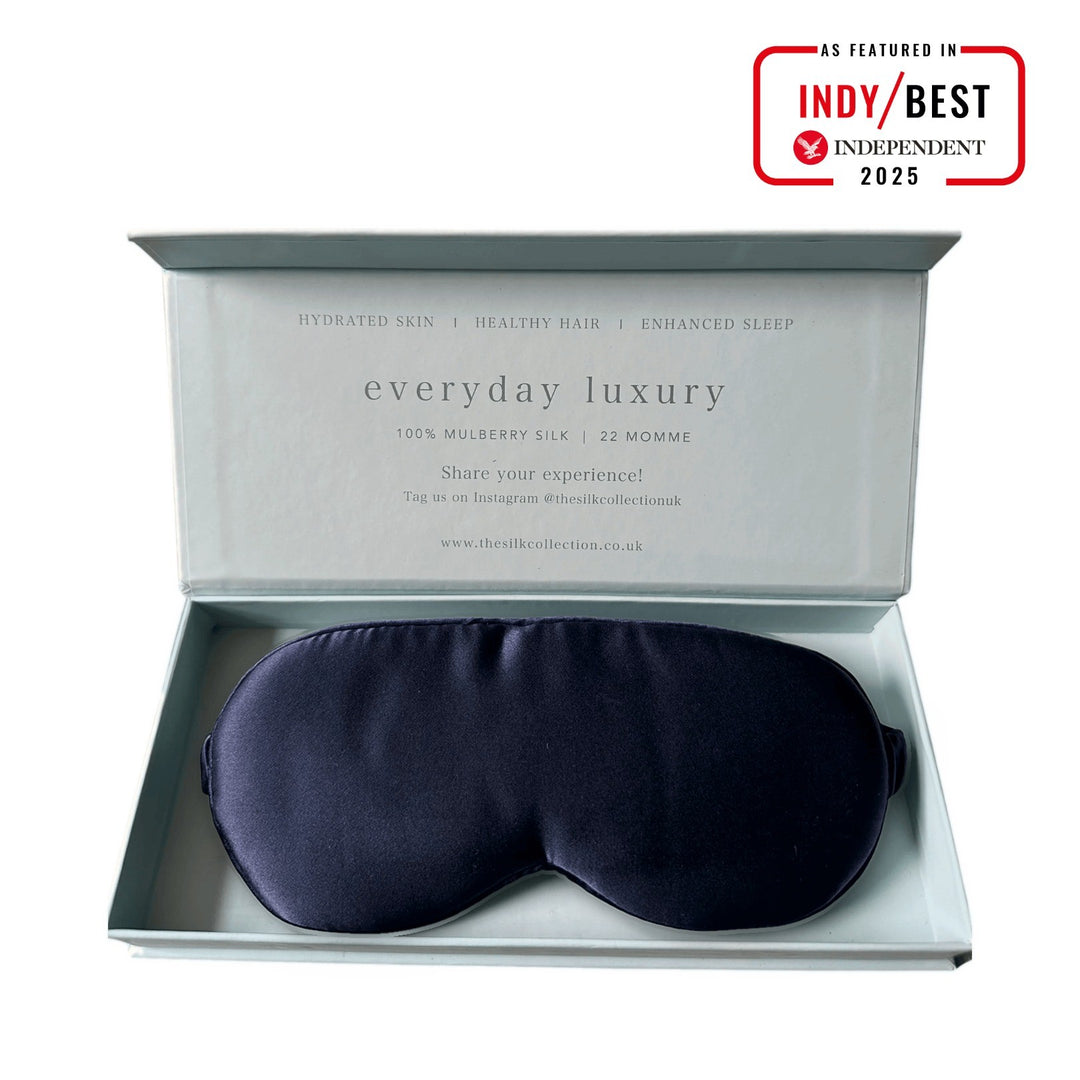 French Navy pure mulberry silk eye mask in its gift box, 22 momme 100% silk | The Silk Collection