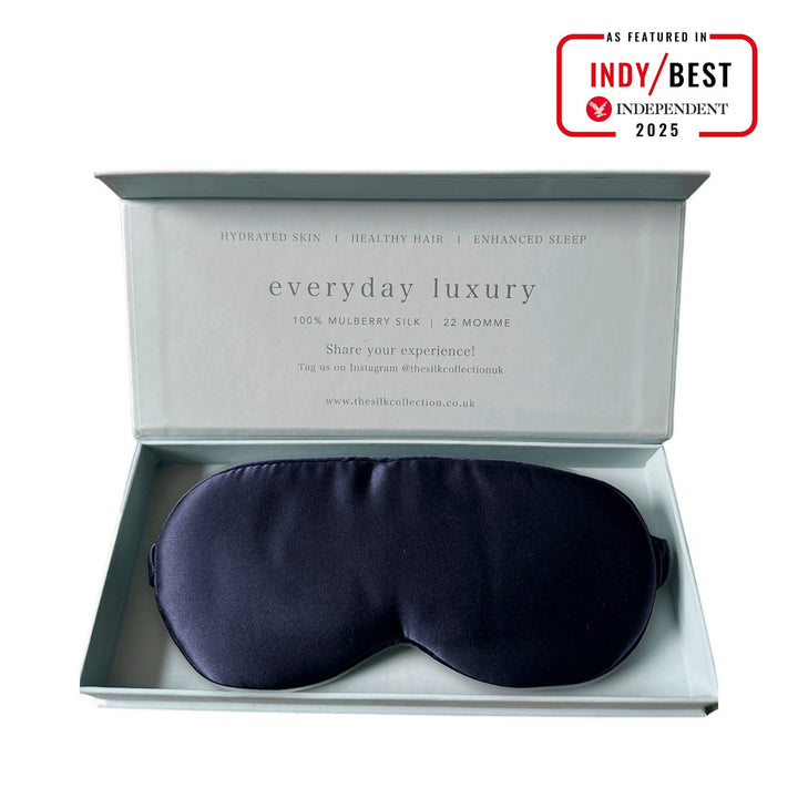French Navy pure mulberry silk eye mask in its gift box, 22 momme 100% silk | The Silk Collection