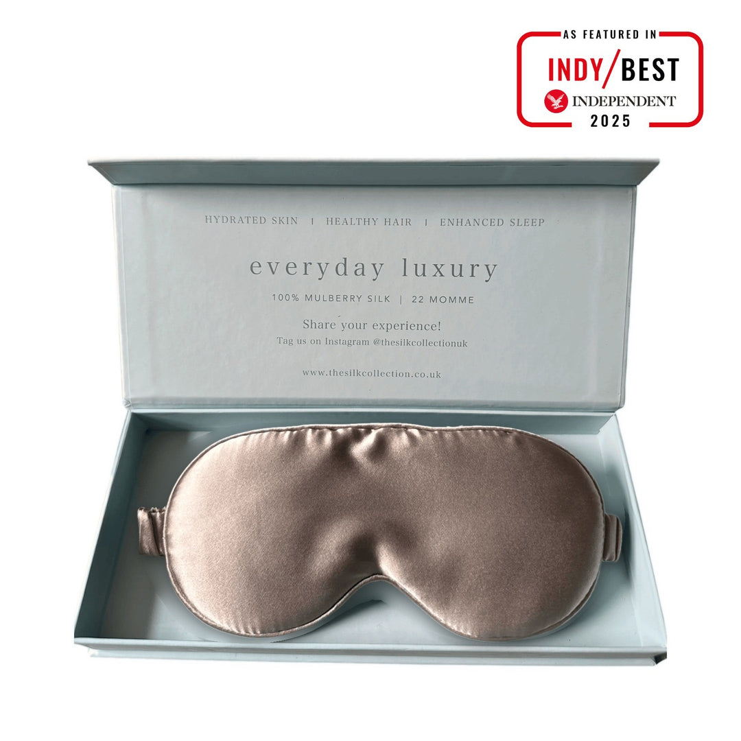 Oyster pure mulberry silk eye mask in its gift box, 22 momme 100% silk | The Silk Collection