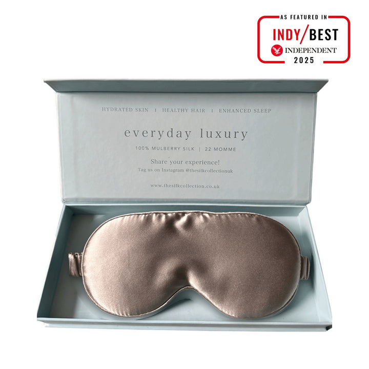 Oyster pure mulberry silk eye mask in its gift box, 22 momme 100% silk | The Silk Collection