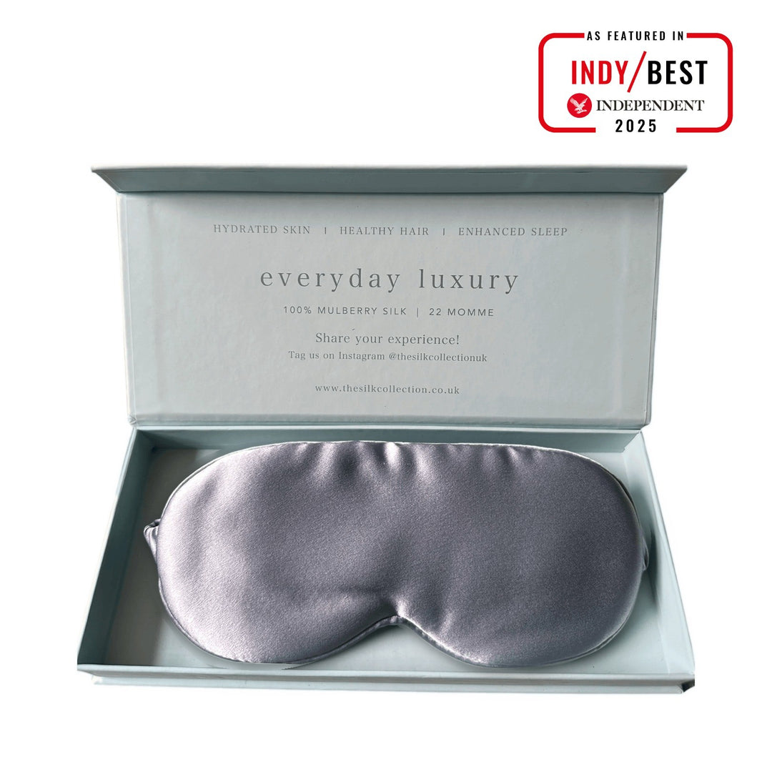 Steel Blue pure mulberry silk eye mask in its gift box, 22 momme 100% silk | The Silk Collection