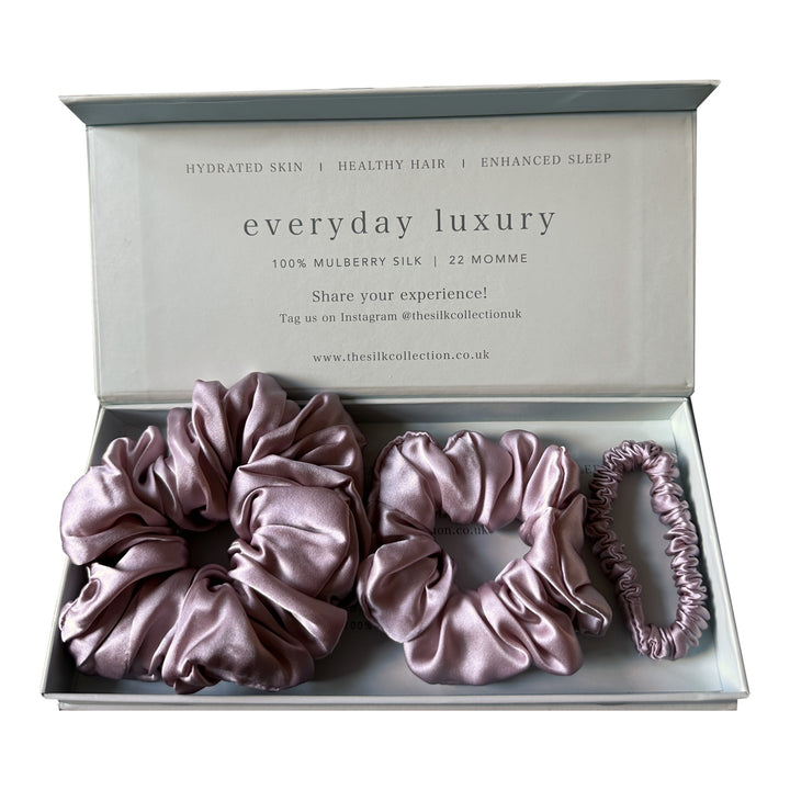 Silk scrunchie starter set in Blush Pink: statement scrunchie, classic scrunchie and hair tie in gift box