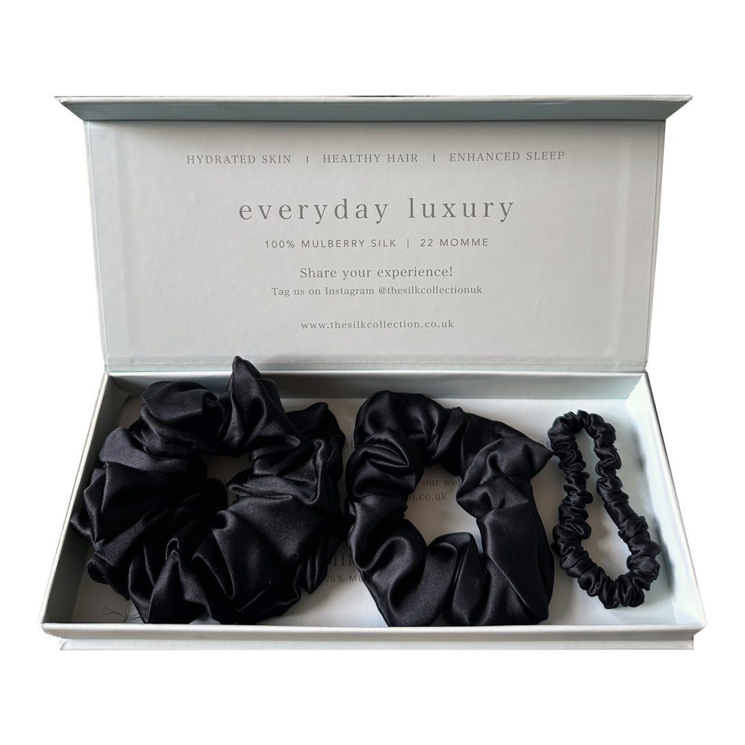 Silk scrunchie starter set in Eclipse Black: statement scrunchie, classic scrunchie and hair tie in gift box