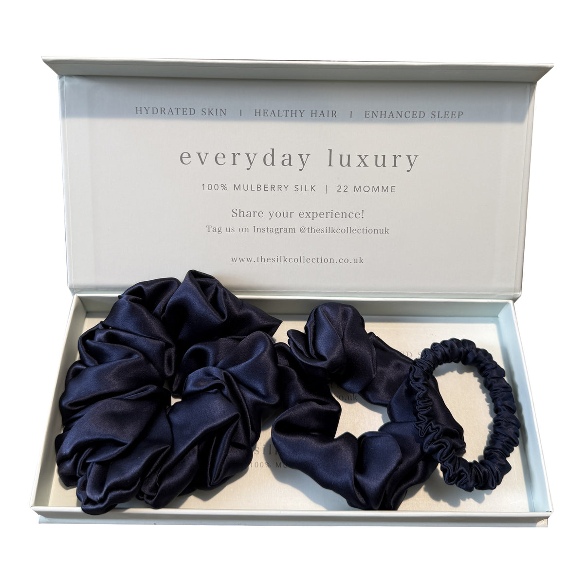 Silk scrunchie starter set in French Navy: statement scrunchie, classic scrunchie and hair tie in gift box