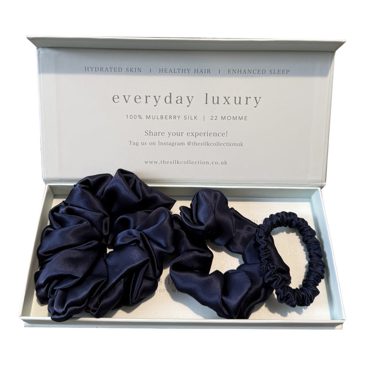 Silk scrunchie starter set in French Navy: statement scrunchie, classic scrunchie and hair tie in gift box