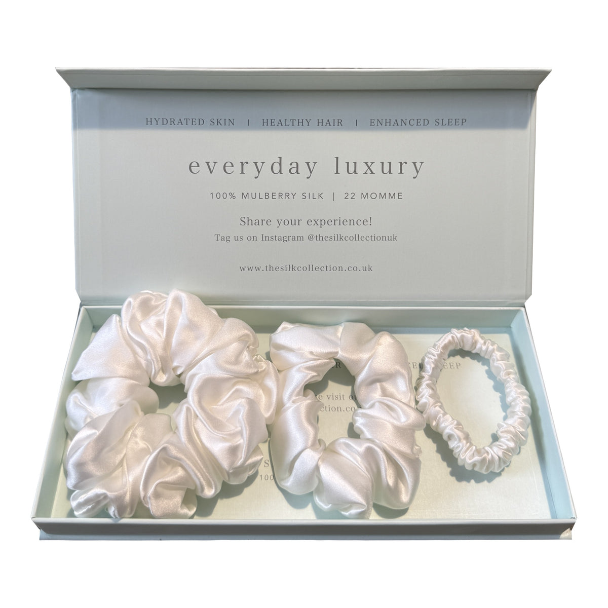 Silk scrunchie starter set in Pearl White: statement scrunchie, classic scrunchie and hair tie in gift box