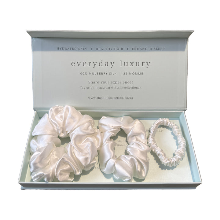 Silk scrunchie starter set in Pearl White: statement scrunchie, classic scrunchie and hair tie in gift box