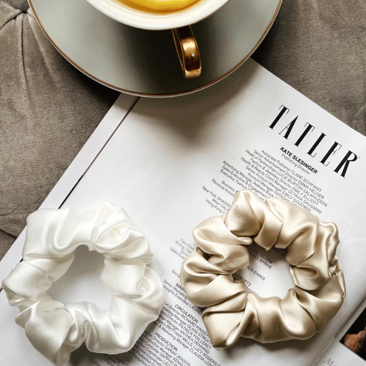 Pearl white and champagne silk scrunchies with Tatler and tea | The Silk Collection