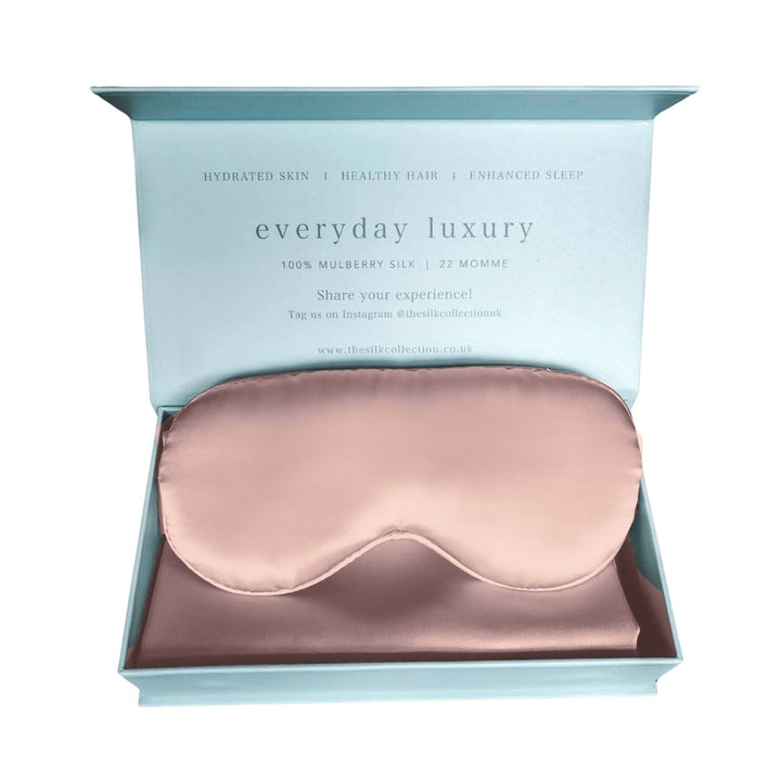 The Pure Silk Sleep Set in Blush Pink: mulberry silk eye mask and pillowcase in the gift box