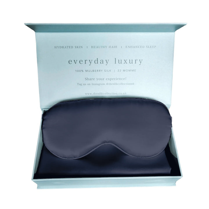 The Pure Silk Sleep Set in French Navy: mulberry silk eye mask and pillowcase in the gift box
