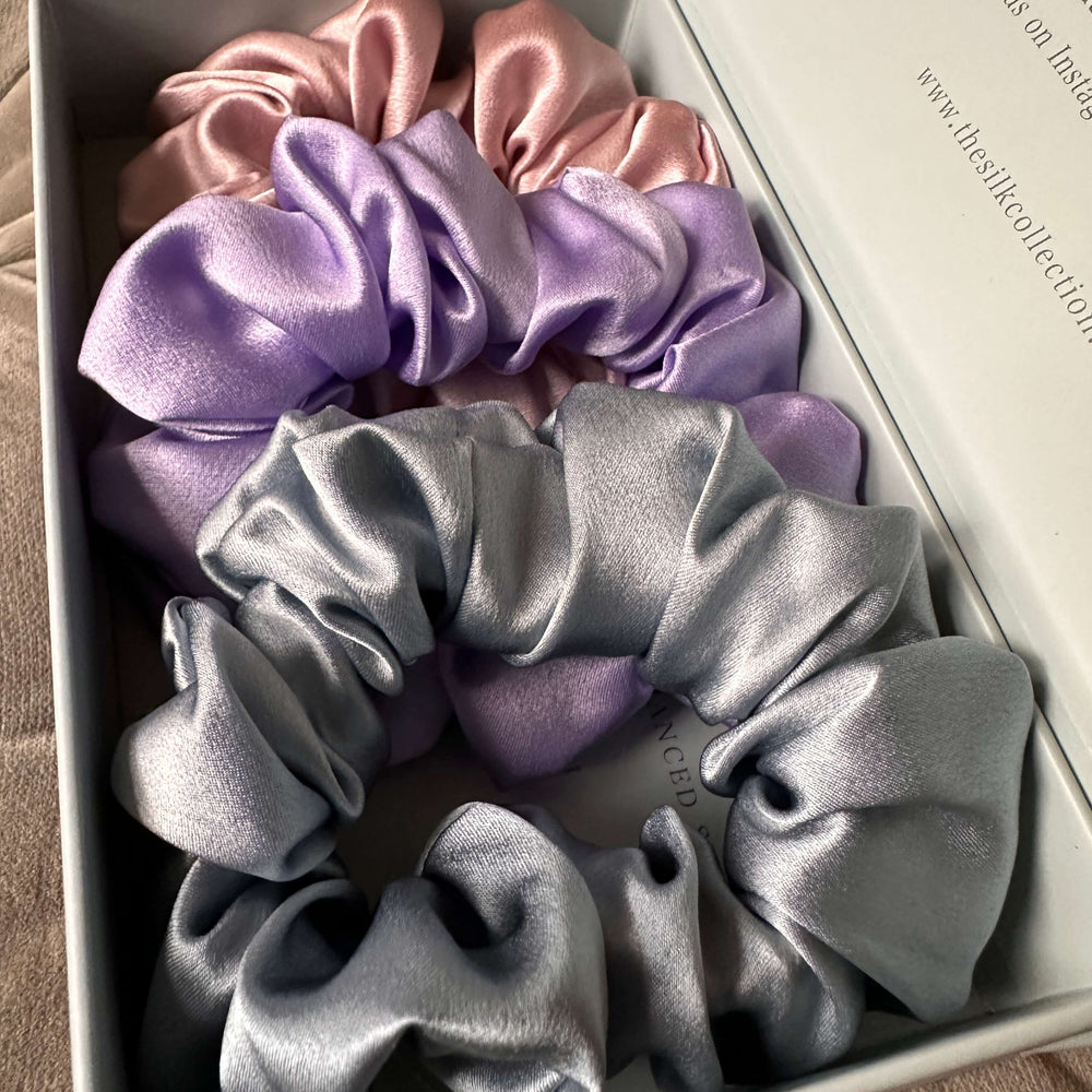 set of 3 blue lilac pink scrunchie