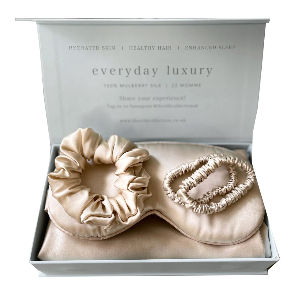 The Bride-to-Be silk gift box in Champagne: mulberry silk eye mask, pillowcase, scrunchie and skinny scrunchies in a gift box | The Silk Collection