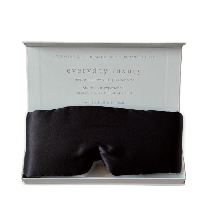 Eclipse Black Ultimate silk sleep mask in its gift box, 100% mulberry silk | The Silk Collection