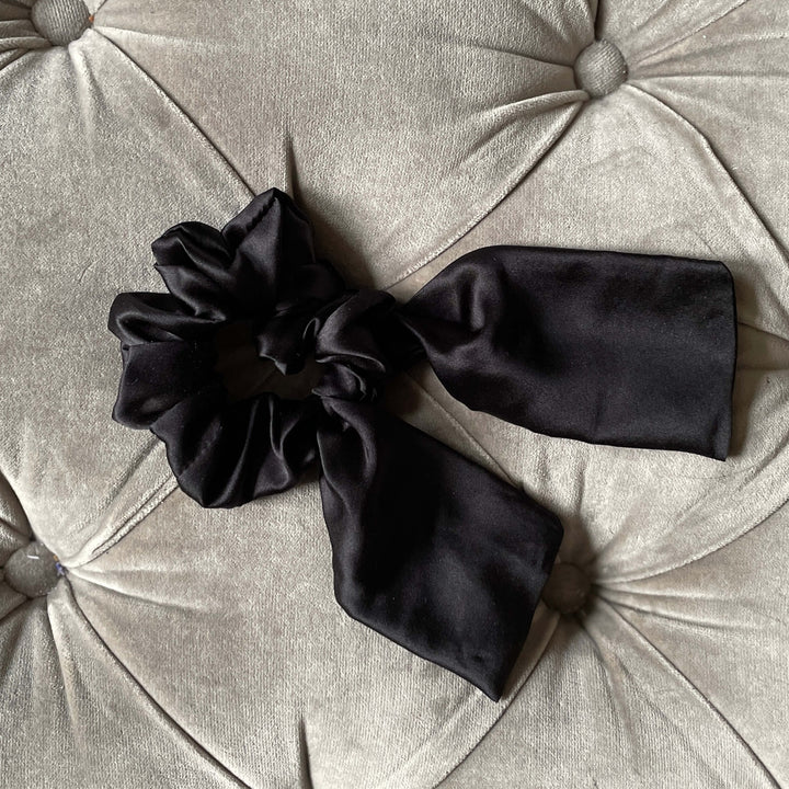 black silk scrunchie with ties bowknot