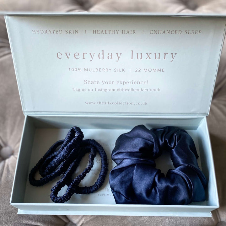 French navy mixed silk scrunchies